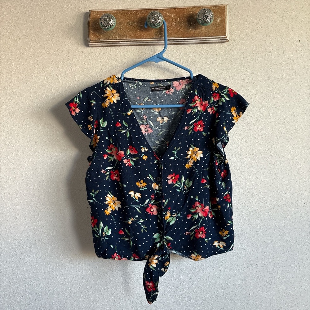 Bershka Navy Floral Tie-Front Blouse